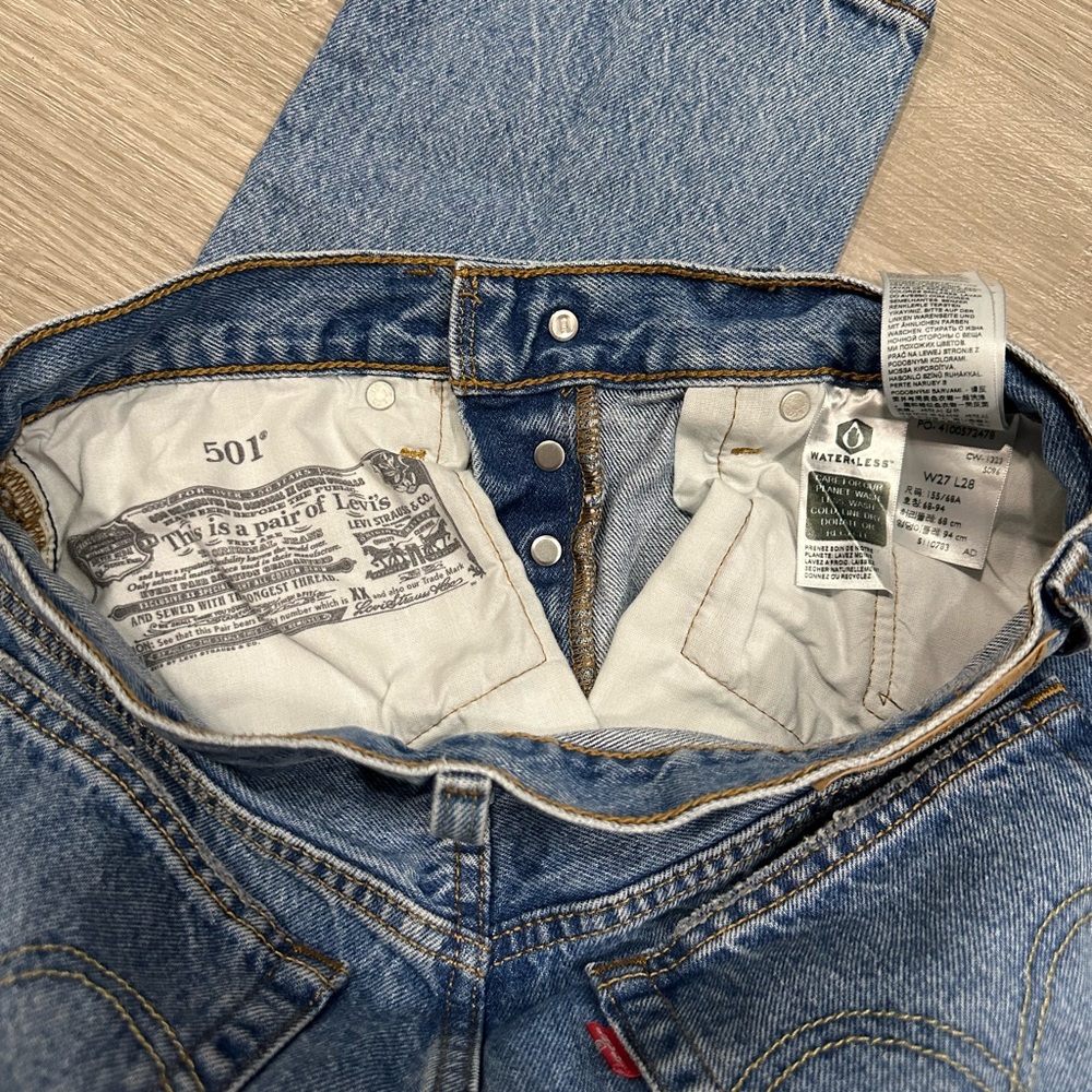 Levi's 501 Light Blue Straight Cropped Distressed Jeans - Picture 5 of 8
